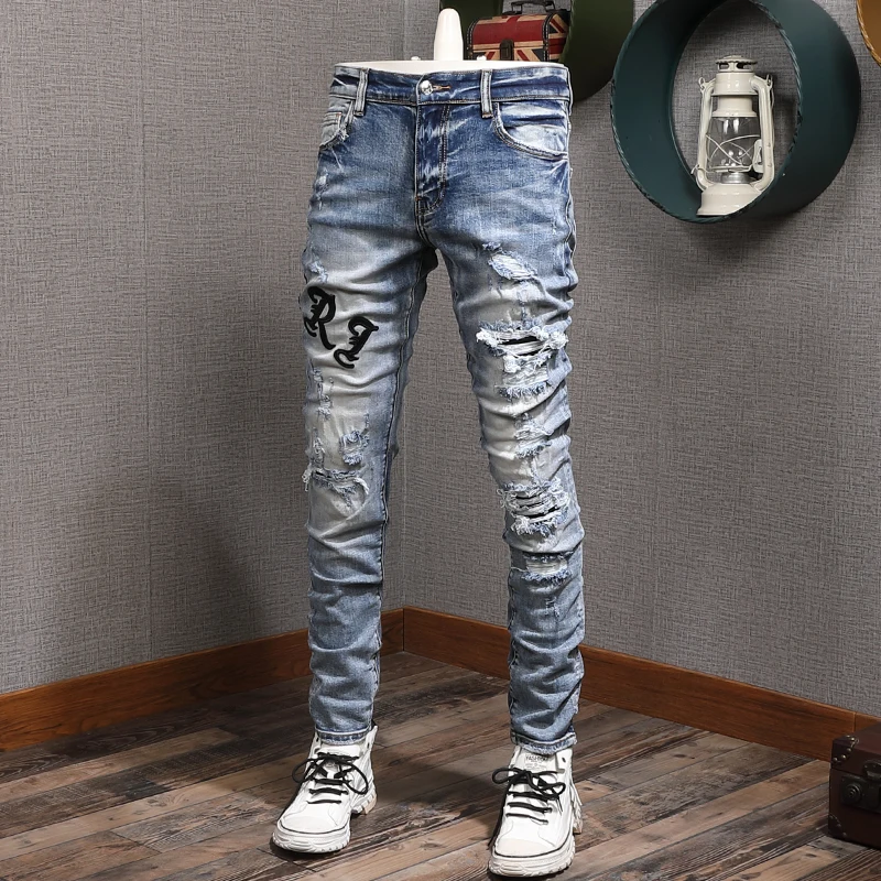 Street Fashion Men Jeans Retro Blue Elastic Slim Fit Ripped Jeans Men Embroidery Patches Designer Hip Hop Destroyed Denim Pants