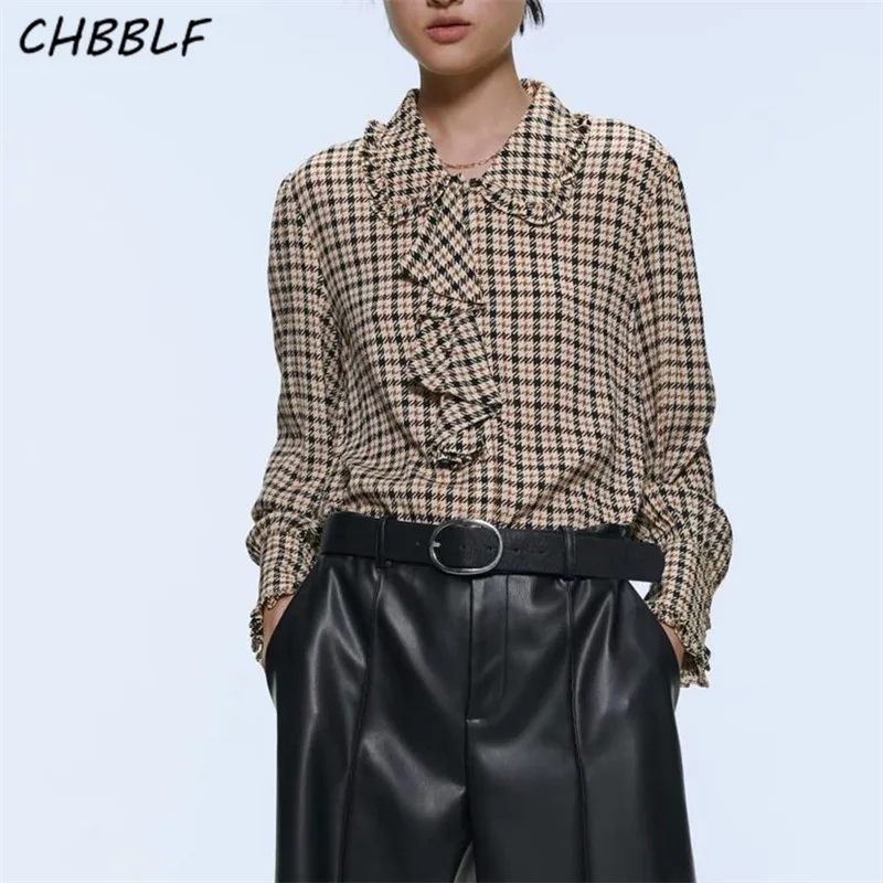 CHBBLF женская элегантная клетчатая блузка с отложным воротником каскадные оборки