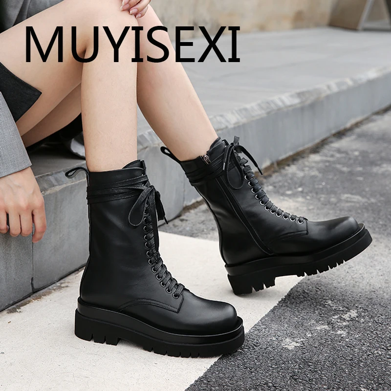 

Natural genuine leather keep warm round toe maiden fairy girl winter 5.5cm high heels lace up zipper ankle boots JGG11 MUYISEXI