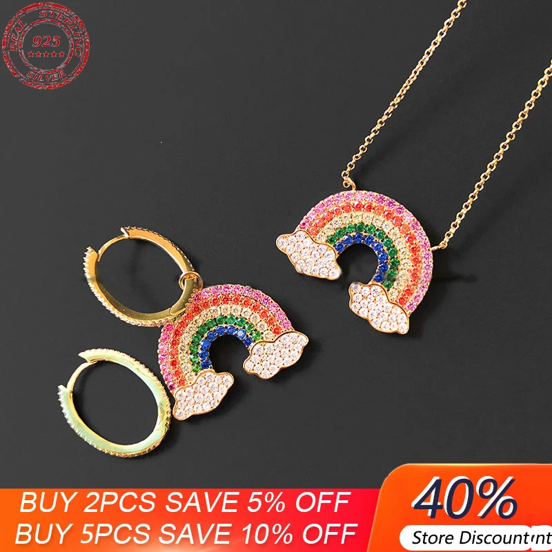 

S925 Sterling Silver Fun Asymmetric Rainbow Earrings Necklace Female Ins Style Temperament Fashion Luxury Monaco Jewelry