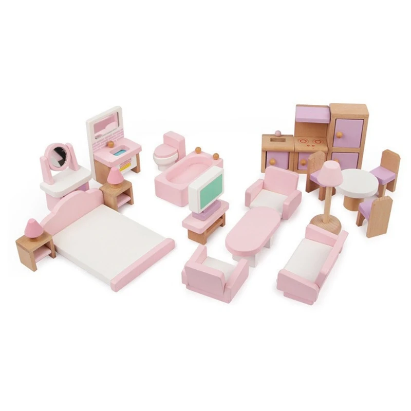 

Wooden Dollhouse Furniture Set, 22 Piece Fully Assembled Pretend Playhouse Set Miniature House Furnishings Dollhouse