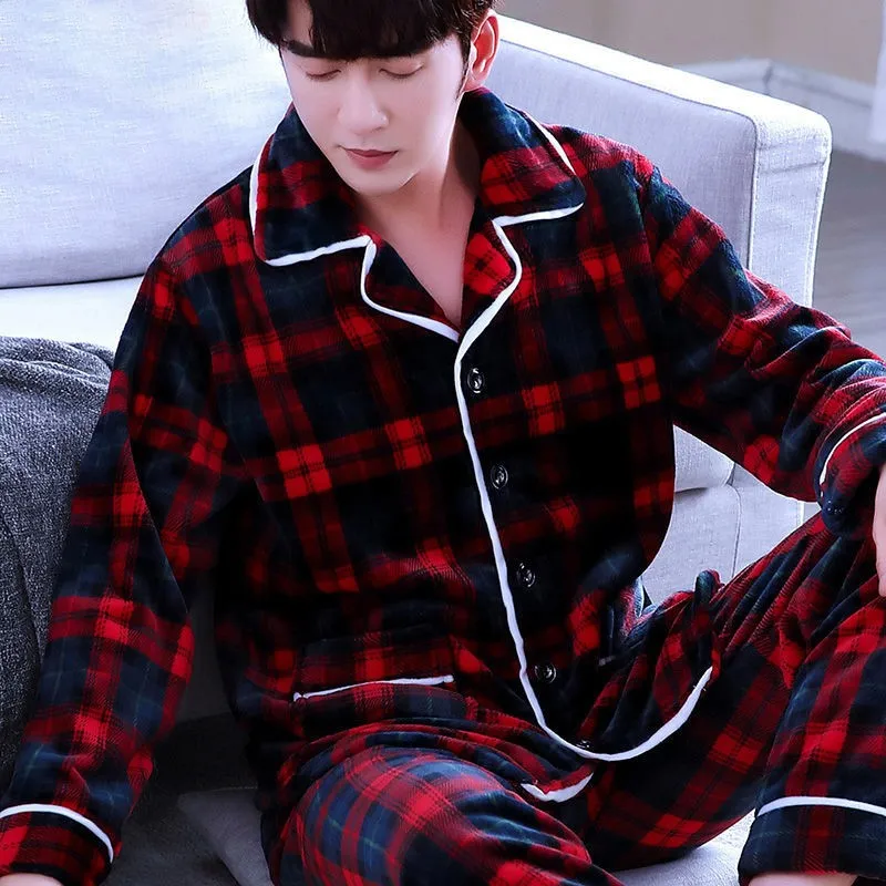 

Plaid Nightgown Pajamas Suit 2PCS Sleepwear Men Nightwear Pyjamas Home Wear Coral Fleece Sleep Set Intimate Lingerie Tops&Shorts