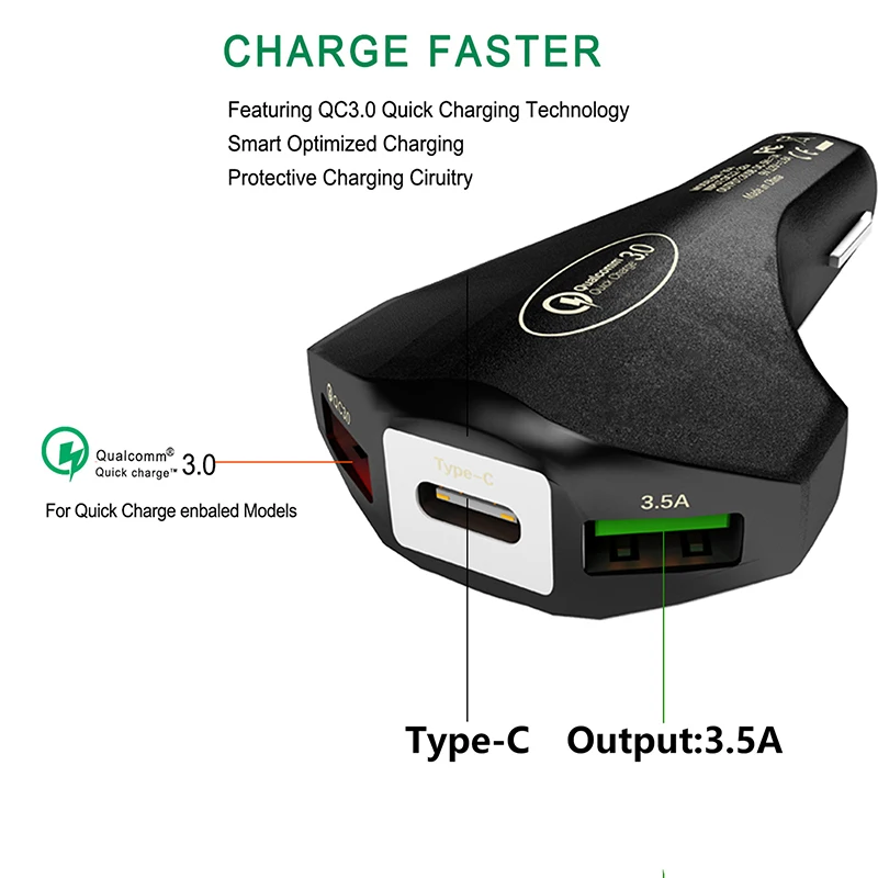 PD USB-C USB Автомобильное зарядное устройство для прикуривателя QC3.0 с 3 портами Mini-C