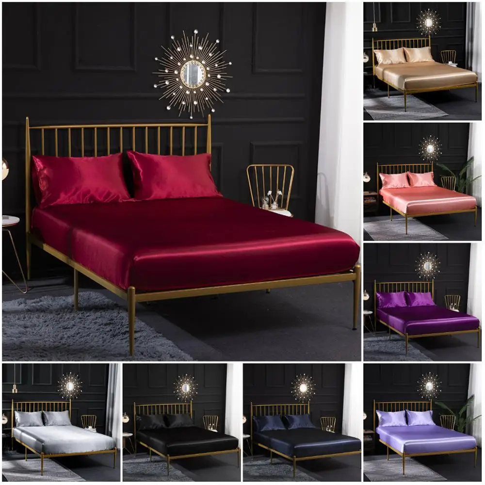 Натяжная простыня на матрас Шелковый атласный чехол для кровати однотонный