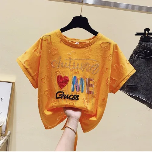 

Women's New Fresh Green Hollow-out Heart Printing Letter Short-Sleeved Summer Tshirts Loose Casual Wide Knotted Ladies Tops 2021