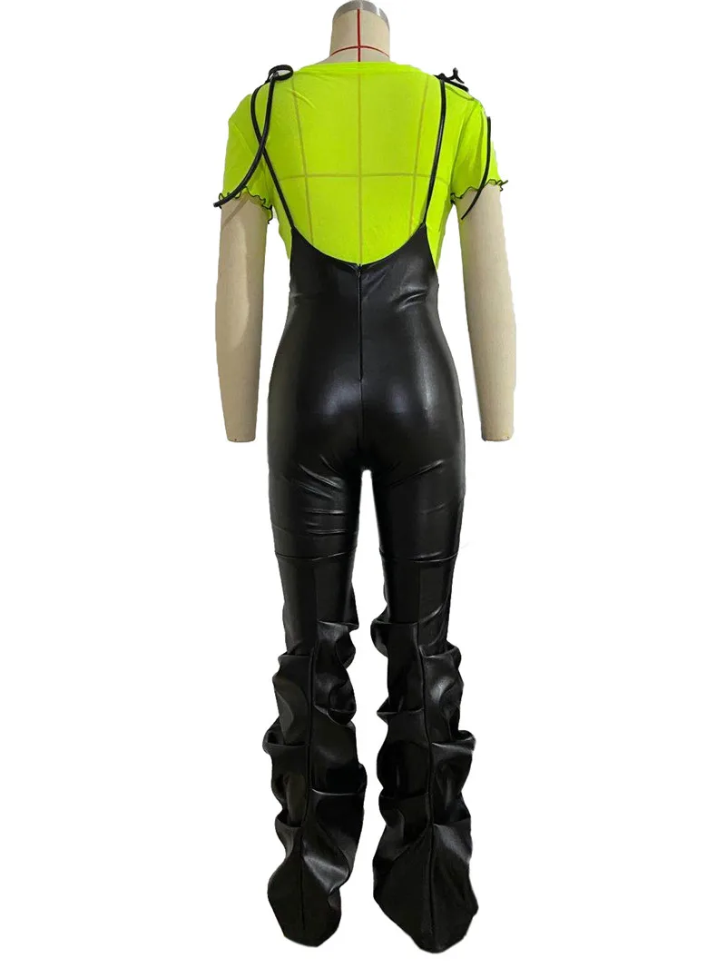 

ThornTree 2021 Women PU Leather Jumpsuits Black High Waist Suspender Trousers Party Club Strap Stacked Bottoms One Piece Romper