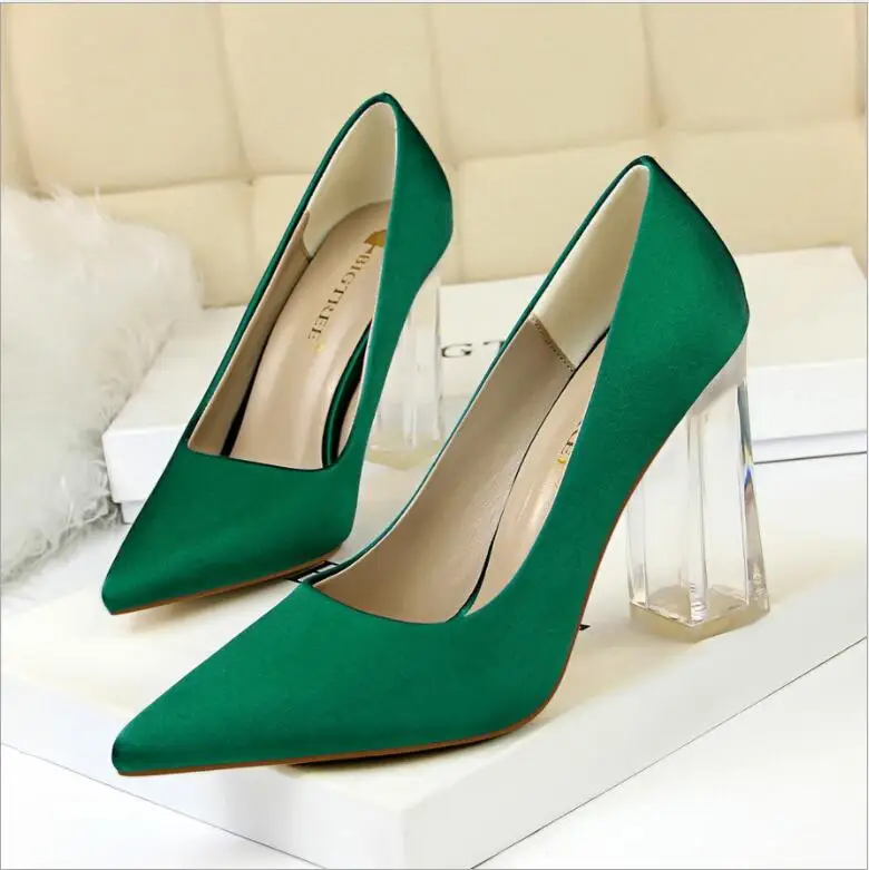 

Woman Pumps Sexy Transparent Heel Wedding Shoes Women's Concise Silk Shallow High Heels Female Office Shoes Zapatos De Mujer