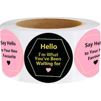 2 round black hello im what youve been waiting for stickers say hello to your new favourite business thank you stickers