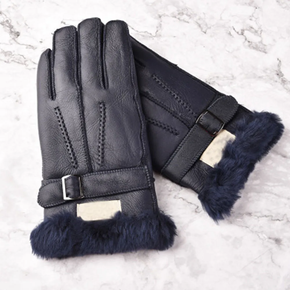 

Genuine Leather Fur Gloves Fashion Men Winter Autumn Thermal Wool Fleece Sheepskin Snow Mittens Outdoor Five Finger Wrist Gloves