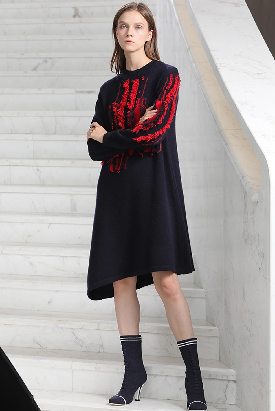 RONGFANGZI Inner Mongolian Cashmere Dress Women Pullover Ribbed Crewneck Cuffs Winter Thick 3 Gauge Knit in SlavaStore