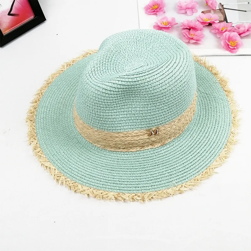 

M logo straw hat sun hat gradient color three-layer men’s and women’s beach hat кепка мужская Fedora hat Panama tourism