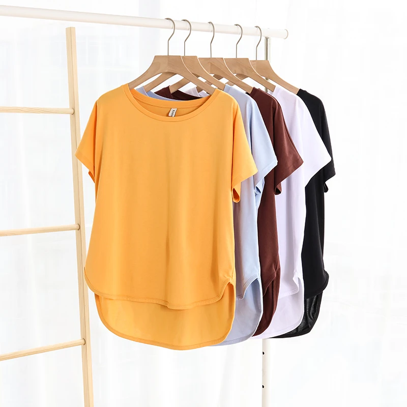100% cotton Loose Casual Summer Short Sleeve Female T shirt Women  asymmetric O-neck Tee Tops M30326