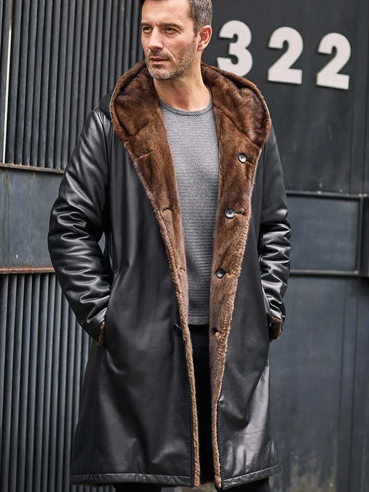 

Double-Sided Mink Fur Coat Long Cowhide Jacket Warm Parkas Hooded Black Leather Overcoat