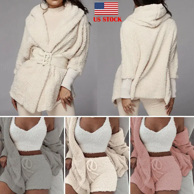 Модный осенне-зимний женский плюшевый кардиган с капюшоном и длинными рукавами