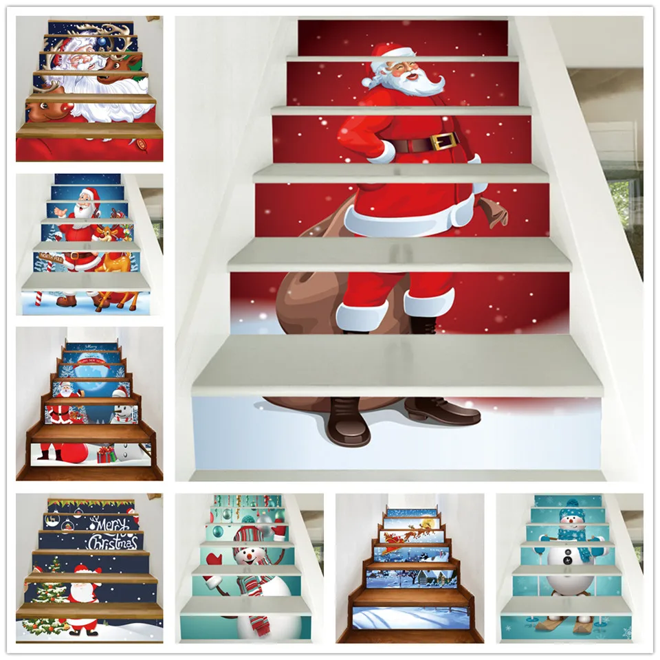 Pegatinas de Papá Noel para escalera, papel tapiz adhesivo de PVC DIY, decoración de escalera de Navidad, calcomanías murales, pegatina de trappen, 6 uds./13 Uds.