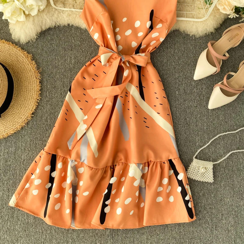 

Vintage Slim Floral Print Ruffle Summer Midi Dress Vestido De Festa Party Bandage Women Casual Tank Sundress High Waist Vestidos