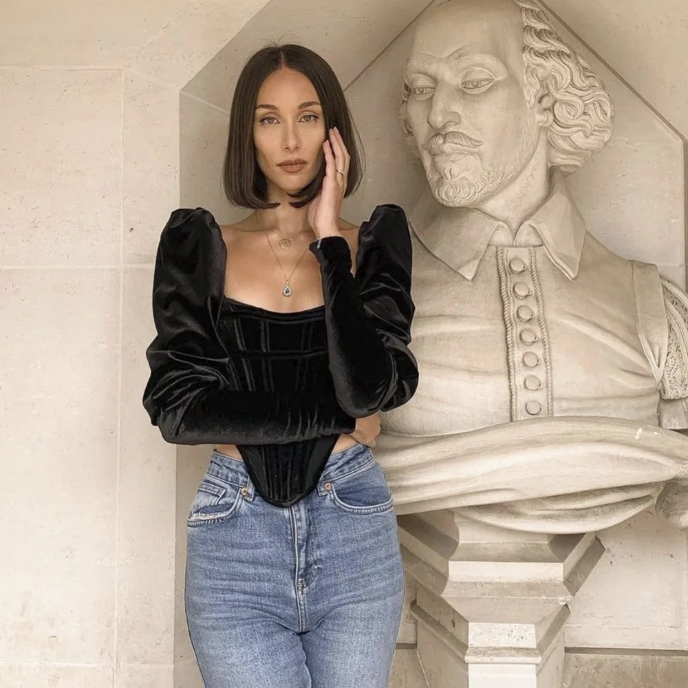

Fall Corset Women Tops Elegant Black Velvet Blouses Shirts Square Collar Puff Long Sleeve Shirt Vintage Tops
