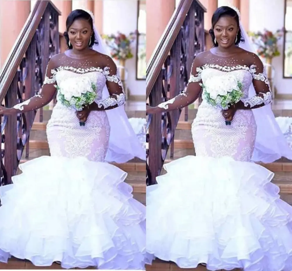 

African Nigerian Plus Size Lace Mermaid Wedding Dresses Sheer Neck Long Illusion Sleeve Organza Ruffles vestidos de novia Bridal