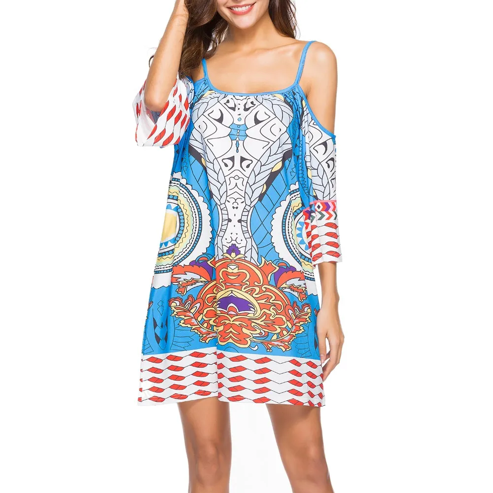 Женские платья Сарафан Vestido слинг этнический принт Холтер Пляж Богемия короткий