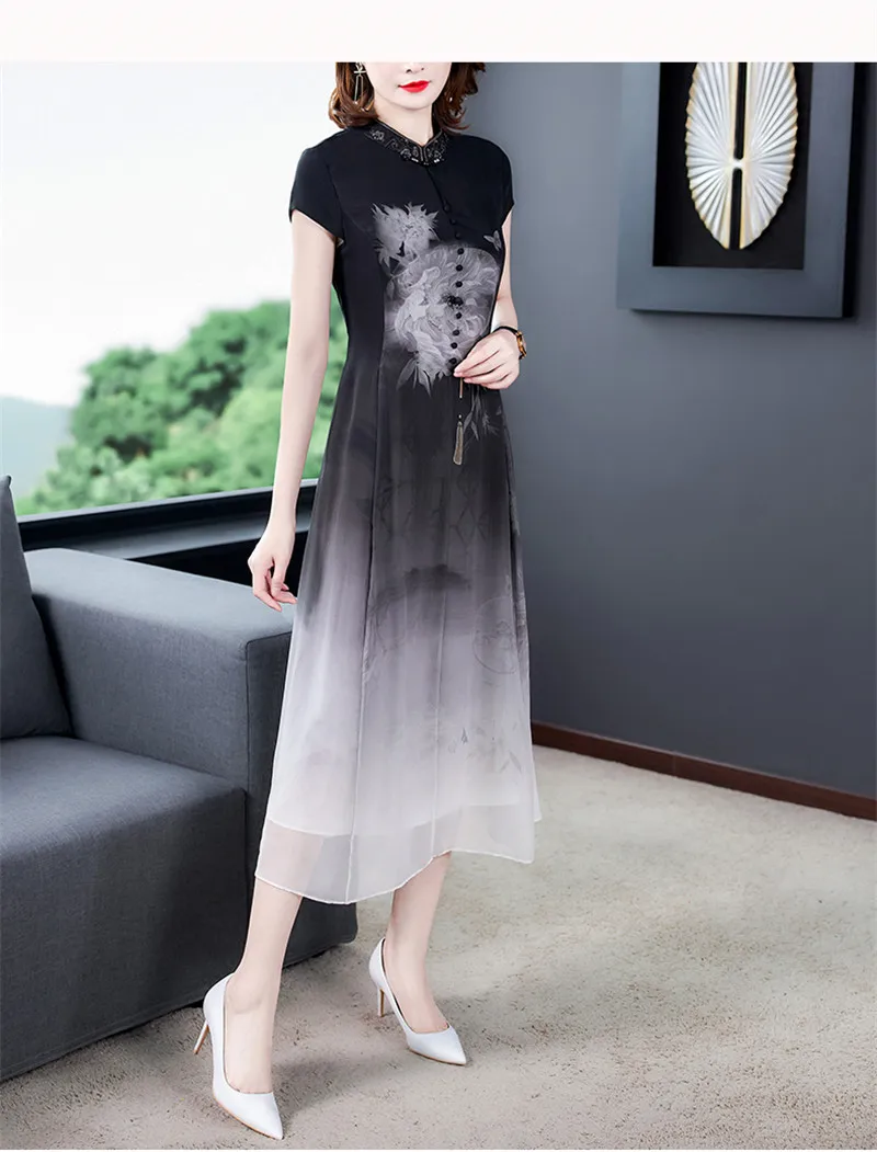 Женское платье в китайском стиле длинное летнее с коротким рукавом улучшенное