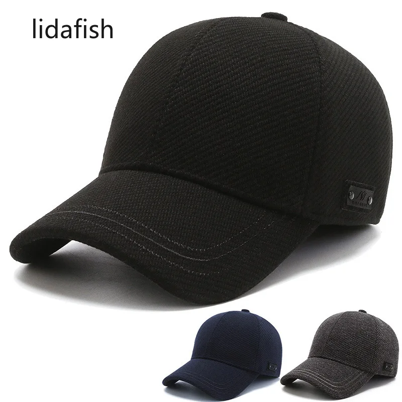 

lidafish High Quality Earflaps Baseball Caps Winter Warm Cotton Men Dad Hat Trucker Cap Solid Snapback Sports Cap Bone 56-60CM