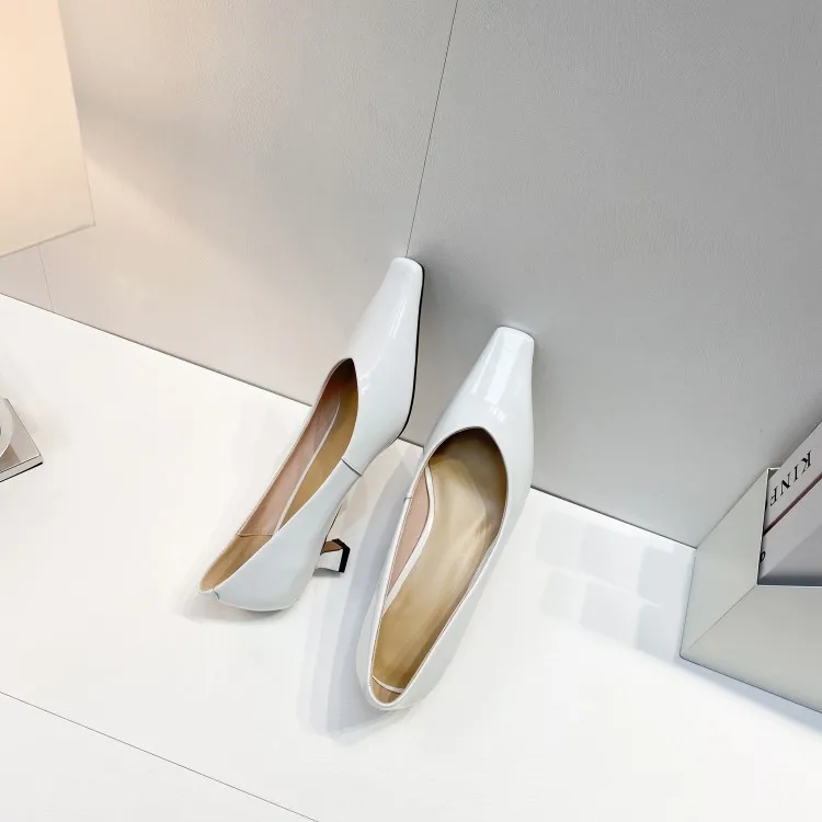

MLJUESE 2021 Women Pumps Soft Cow leather Autumn Spring Shallow Slip on White color Square toe female High heels pumps