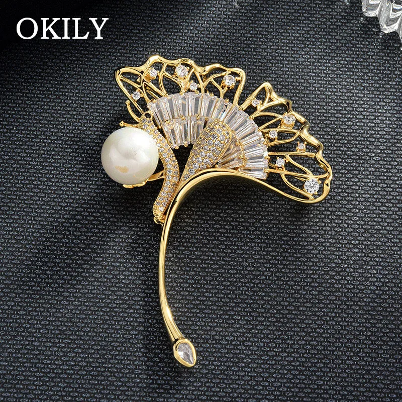Великолепные золотые броши в виде листьев гинкго с жемчугом и цирконием булавка