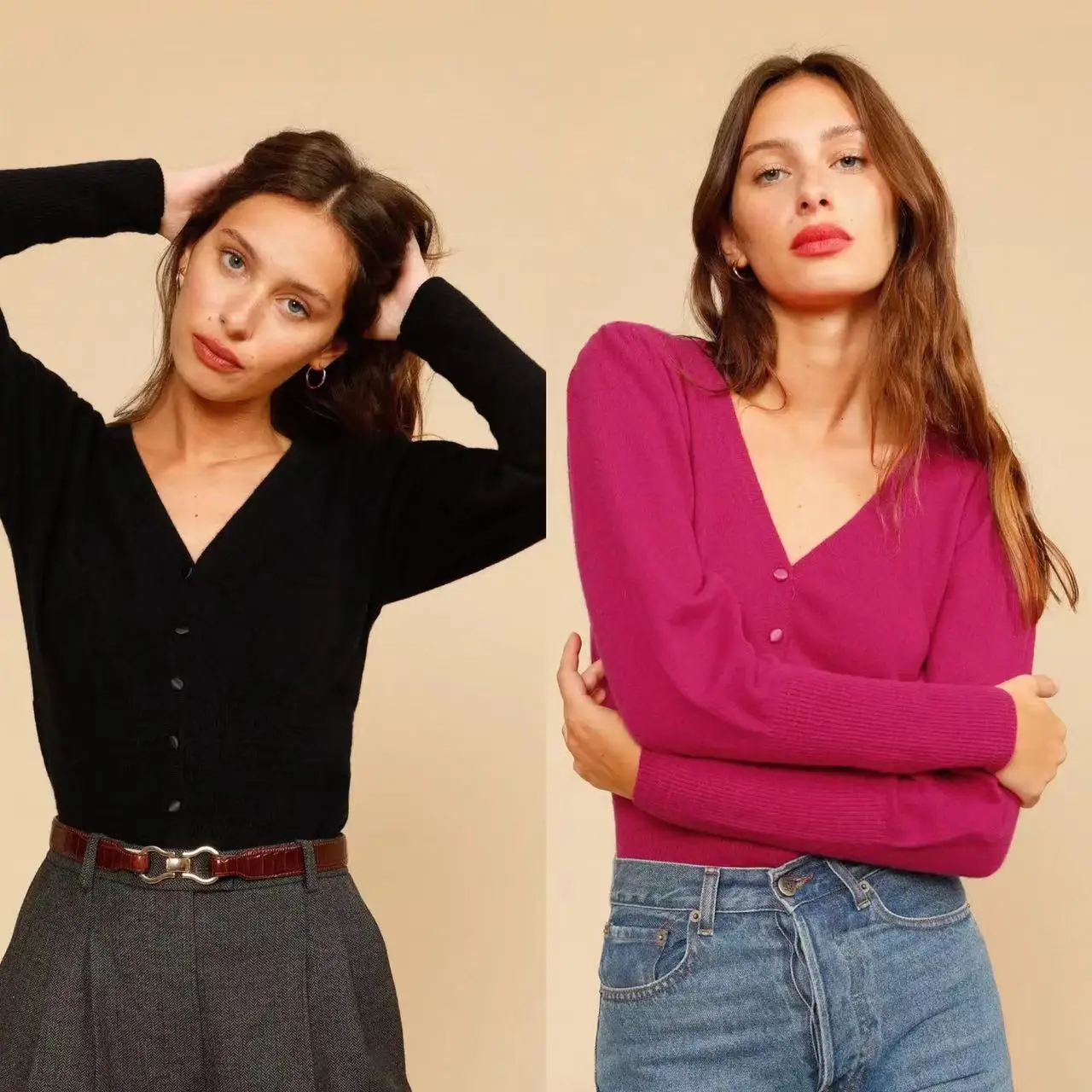 

Женский Однотонный свитер на пуговицах спереди, трикотажный джемпер в стиле ретро с V-образным вырезом и длинным рукавом для ранней осени, ...