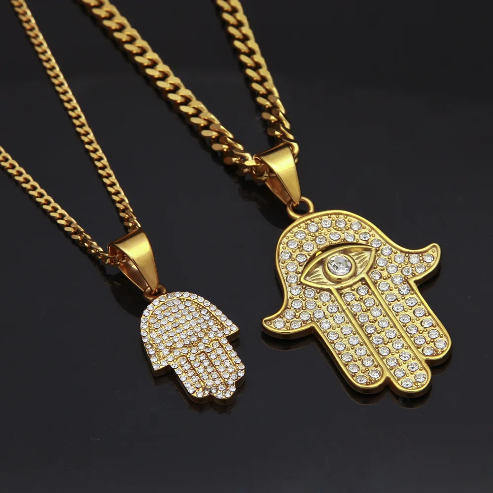 

2018 new arrived 2pcs/set Gold color Stainless Steel full Rhinestone Fatima palm Pendant Men Hiphop necklace vintage jewelry