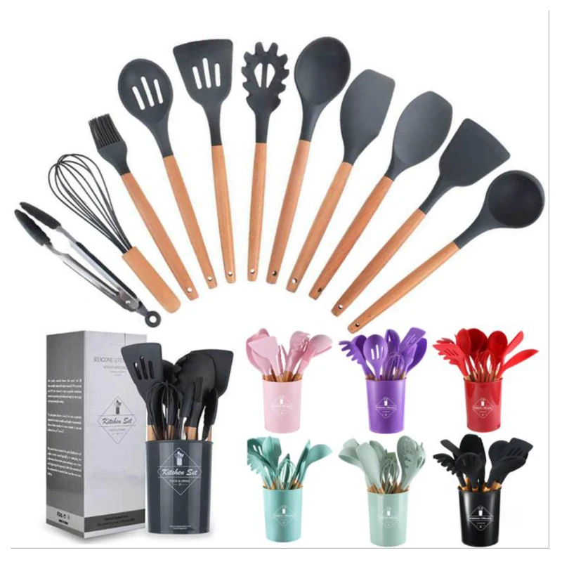 

Silicone Kitchenware Cooking Utensils Set Non-stick Cookware Turner Whisk Beaters Wooden Handle Kitchen Cooking Tool Set