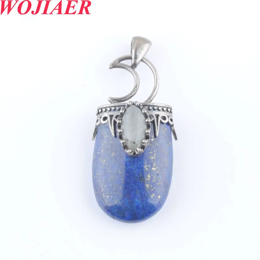 

WOJIAER Natural Stone Pendant Antique Silver-color Crown Moon Labradorite Geometric Women Men Trendy Necklace Jewelry PBO910