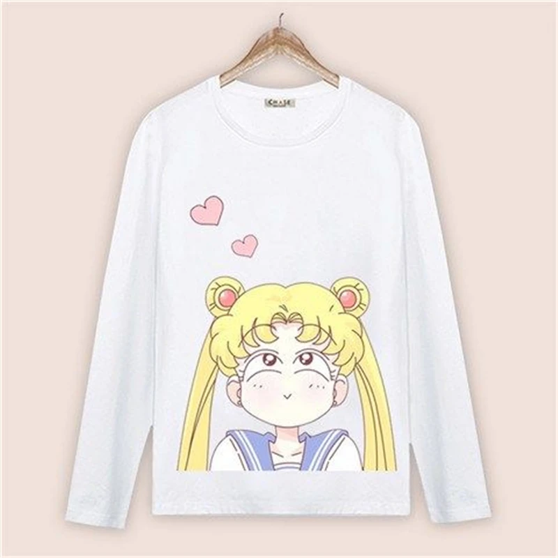 Ulzzang Harajuku Sailor Moon Print Kawaii Women Long Sleeve T-shirt Cute Cat Tshirt Cartoon Top Tees Female Casual White |