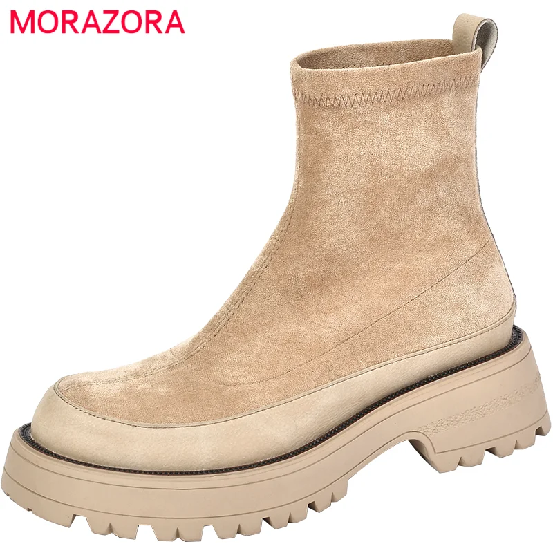 

MORAZORA 2022 Black Slim Boots Women Thick Bottom Casual Shoes Slip On Autumn Winter Comfortable Simple Ankle Boots Female