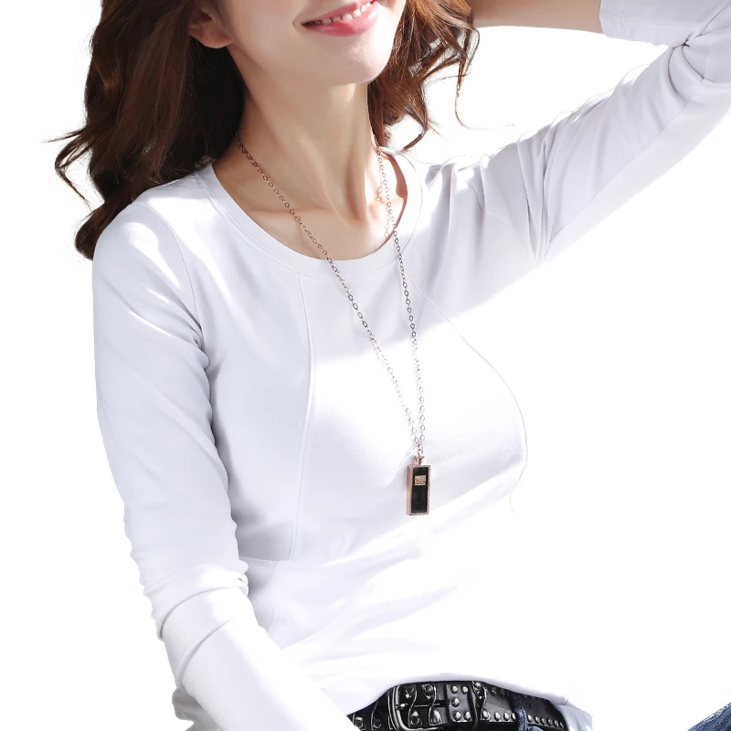 

Autumn women's 2020 new white round neck long-sleeved T-shirt women's base shirt solid color simple slim fit T-shirt top fashion