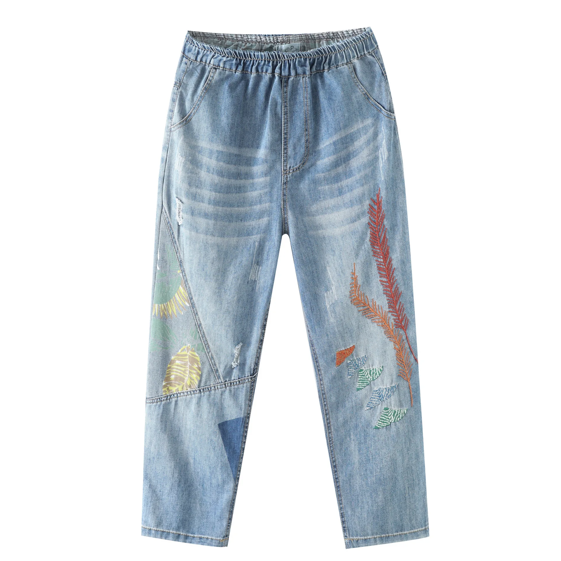 

Women's Jeans 2021 Spring Folk Style Women's Trousers Loose Embroidery High Waist Harem Jeans Straight Leg Pants Ankle