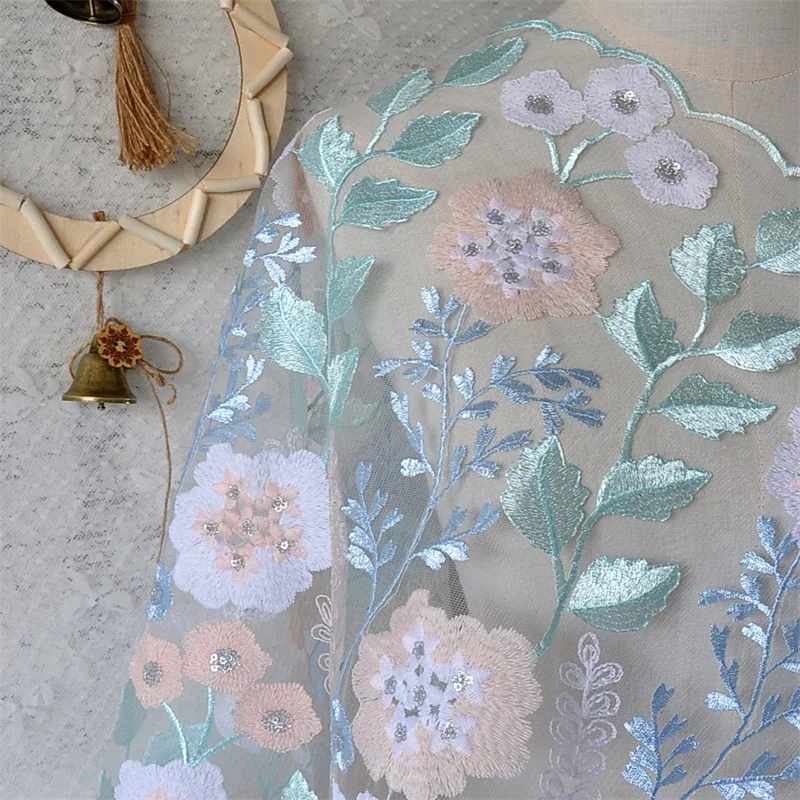 Синий цветок лист блестки кружевная ткань цветная сетка вышивка одежда для