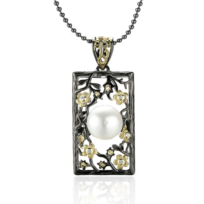

Leouerry 925 Sterling Silver Openwork Square Plum Pendant Natural Freshwater Pearl Pendant for Women Retro Temperament Jewelry