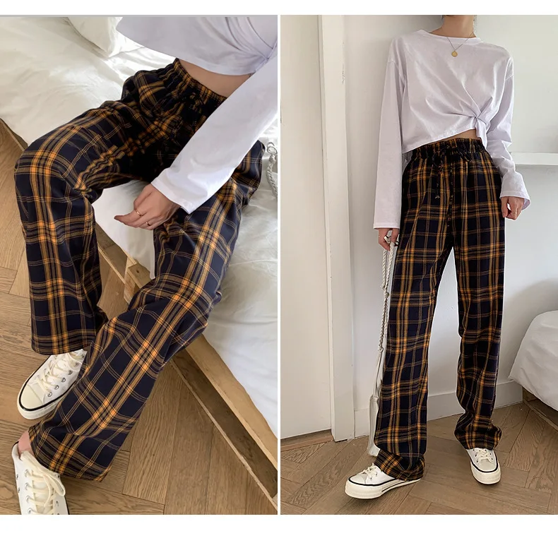 

Hsa 2021 Women Spring Plaid Trousers Baggy Long Pants Lady Oversized Wide Leg Plaid Pant Casual High Waist Women Pantalon Femme