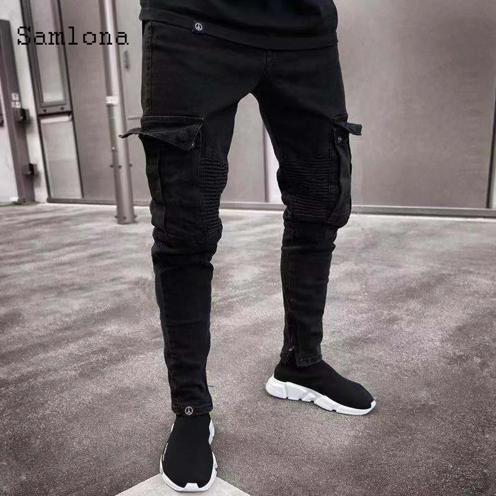 

2021 European and American style Men's Fashion Jeans Casual Skinny Trousers Patchwork Hole Ripped Motorcycle Hip Hop Denim pants