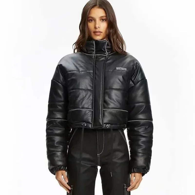 Куртка женская зимняя из искусственной кожи со светоотражающей хлопковой