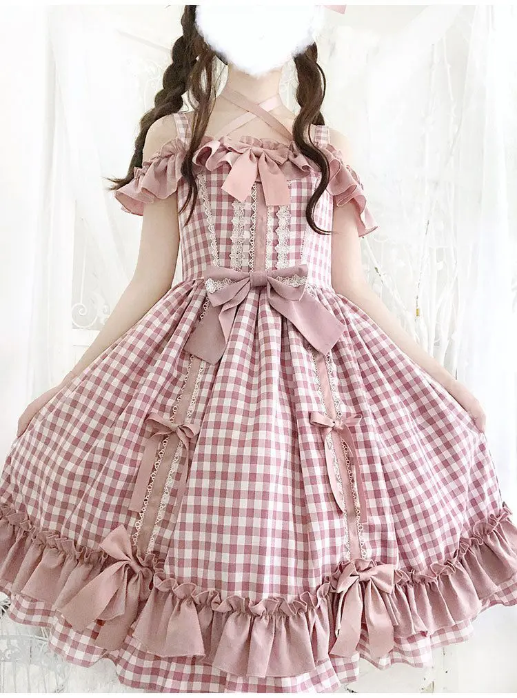 

Lolita cute sweet plaid Japanese soft sister bowknot ruffled high waist princess dress victorian dress kawaii girl gothic loli