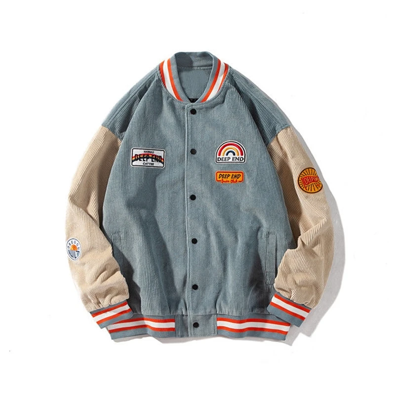

Japanese Fashion Male Jacket Winter Corduroy Baseball Uniform Button Coat Embroidery Loose Harajuku Couple Top