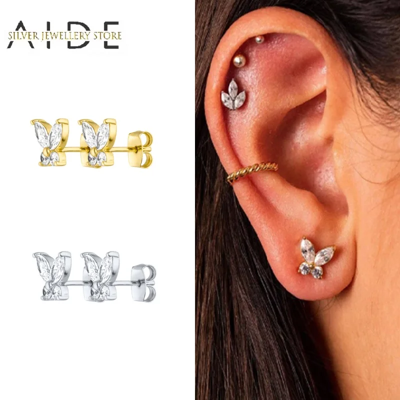 

AIDE Cute Zircon Gold Color Butterfly Stud Earrings For Women Fashion Piercing Cartilage 925 Sterling Silver Earings kolczyki