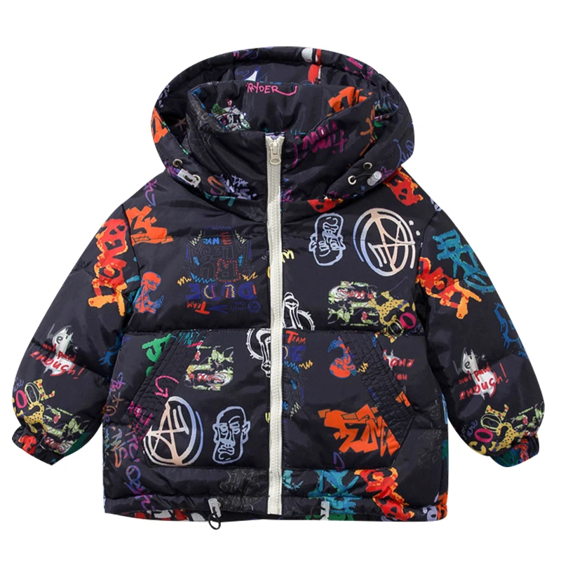 

2021 winter new children's white duck down jacket letter Jacket Boys and girls baby graffiti zipper hooded down jacket