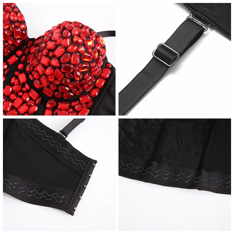 

2021 Summer Tops Diamonds Beading Black Gold Red Sliver Nylon Bodycon Newest Sleeveless Top Women Evening Party Sexy Crop Tops