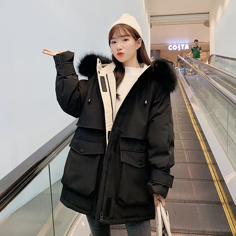 Уличное Женское зимнее пуховое пальто Длинная ветровка с капюшоном из