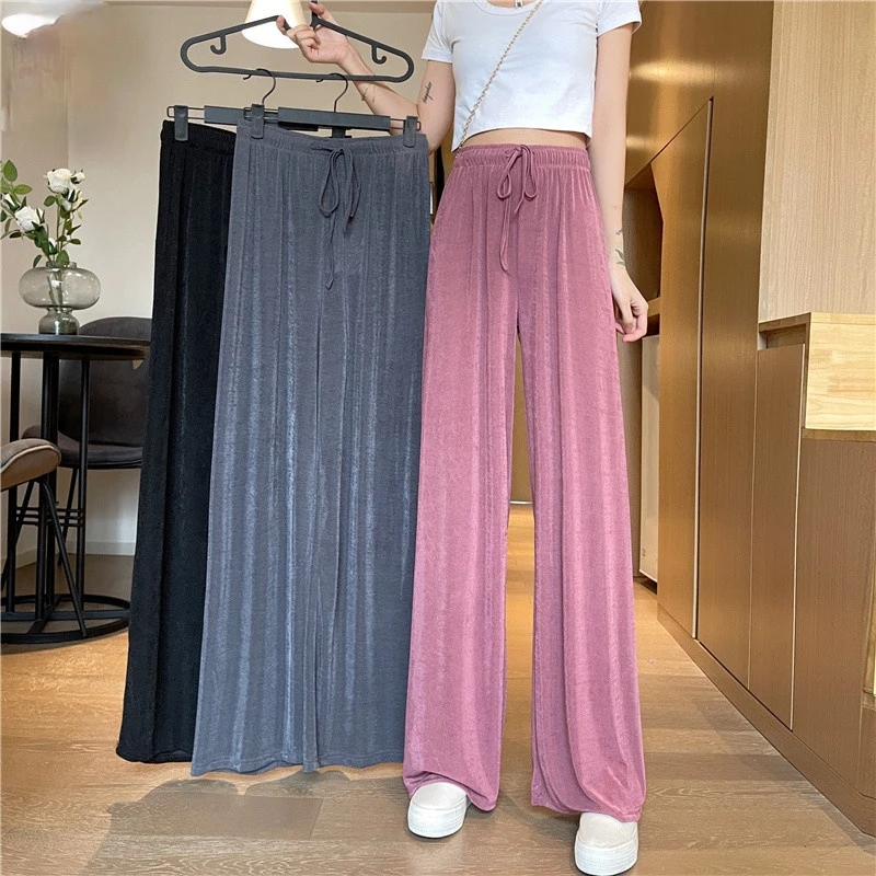 

2021 New Summer Fashion High Waist Drape Mopping Woman Pants Elastic Loose Ice Silk Thin Straight-Leg Women Pants