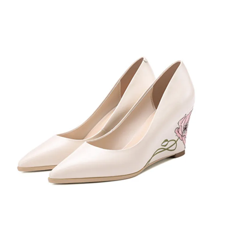 

ASUMER 2020 women pumps genuine leather single shoes pointed toe elegant embroid Chinese style wedding shoes woman wedges shoes