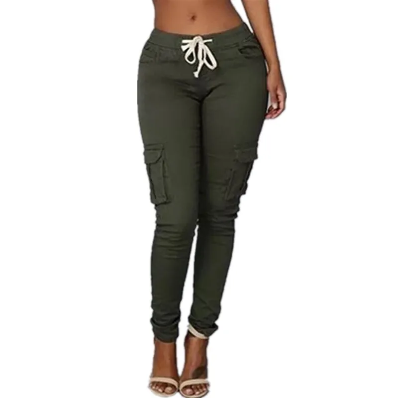 

Spring Fashing Women Pencil Pant Lace Up Waist Casual Women Pants Solid Multi-Pockets Plus Size Cargo Pants Slim Fit Trousers