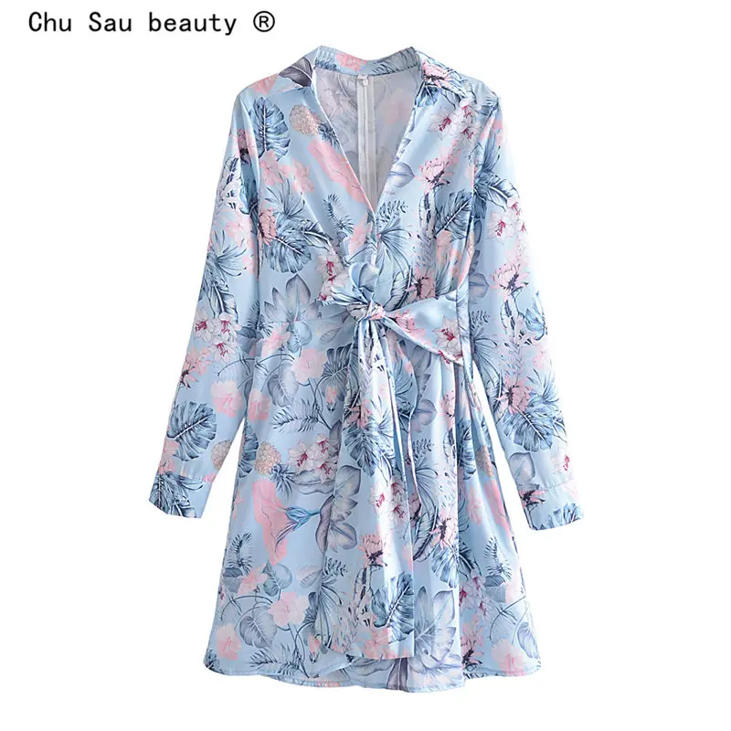 

Autumn New V-neck Printed Mini Dress Y2K Vintage Sexy Fashion Waist Belt Wrapped Long Sleeve Dress Women